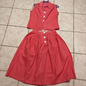 Vintage Mid 1950s Salmon Pink Sleeveless Top and Skirt Set with Buttons